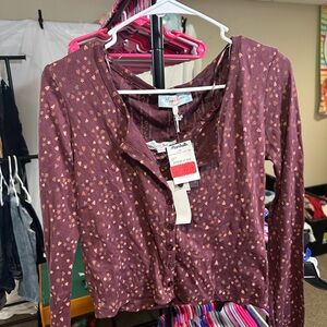 Hippie Rose Maroon Long-Sleeve Button Front Top with Blush Star Print